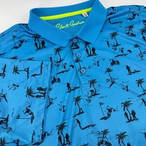 Robert Graham Mens Blue Golf Palm Tree Print Performance Polo Shirt 2XL Classic